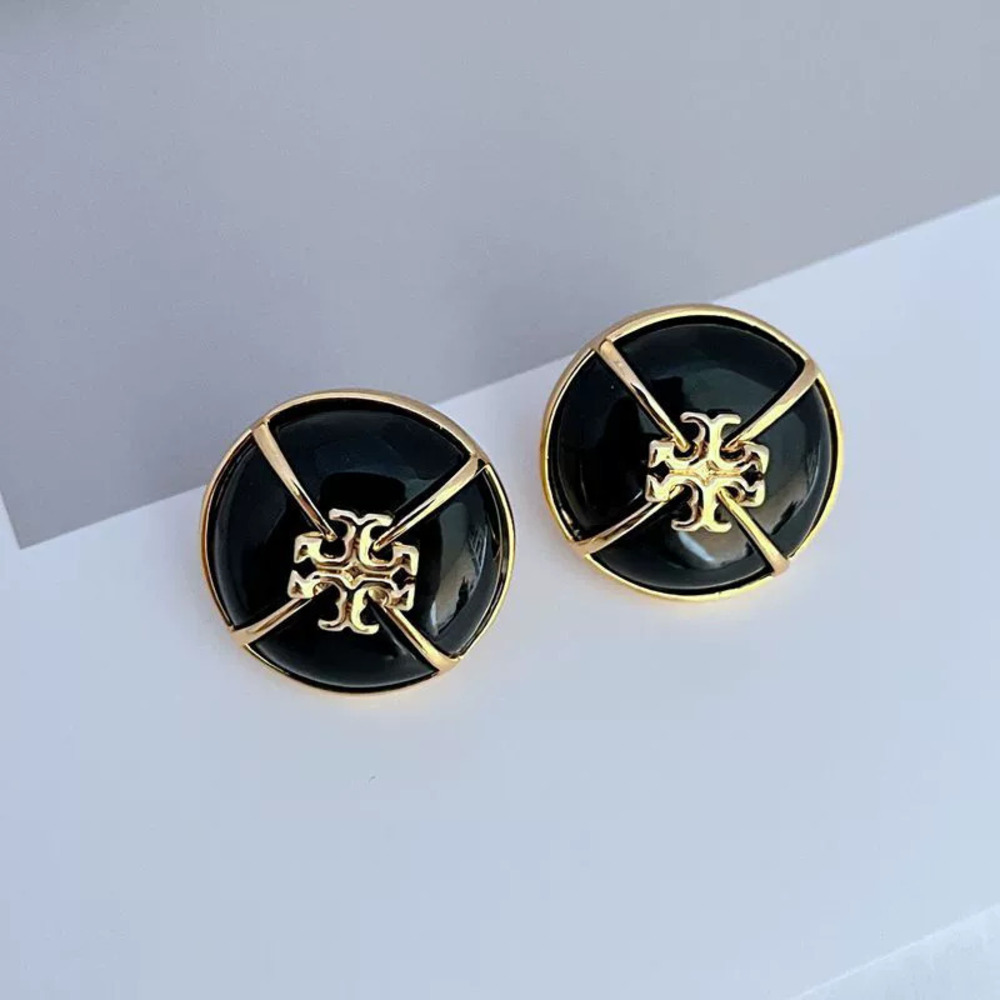 Tory Burch Vintage Enamel Inlay Button Earrings Black